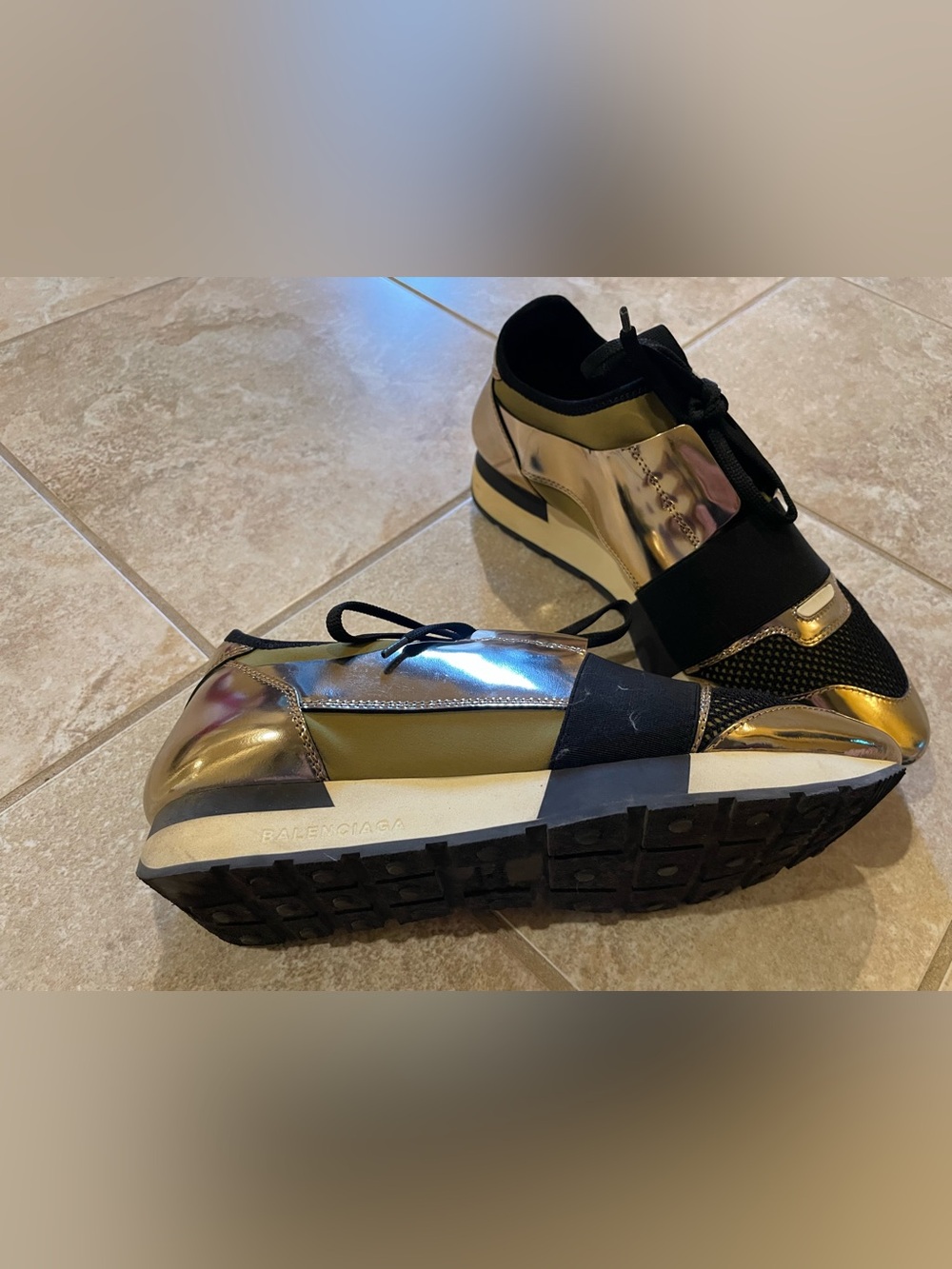 Balenciaga Gold Patent Leather, Mesh and Neoprene Race Runner Sneakers - Picture 3 of 5